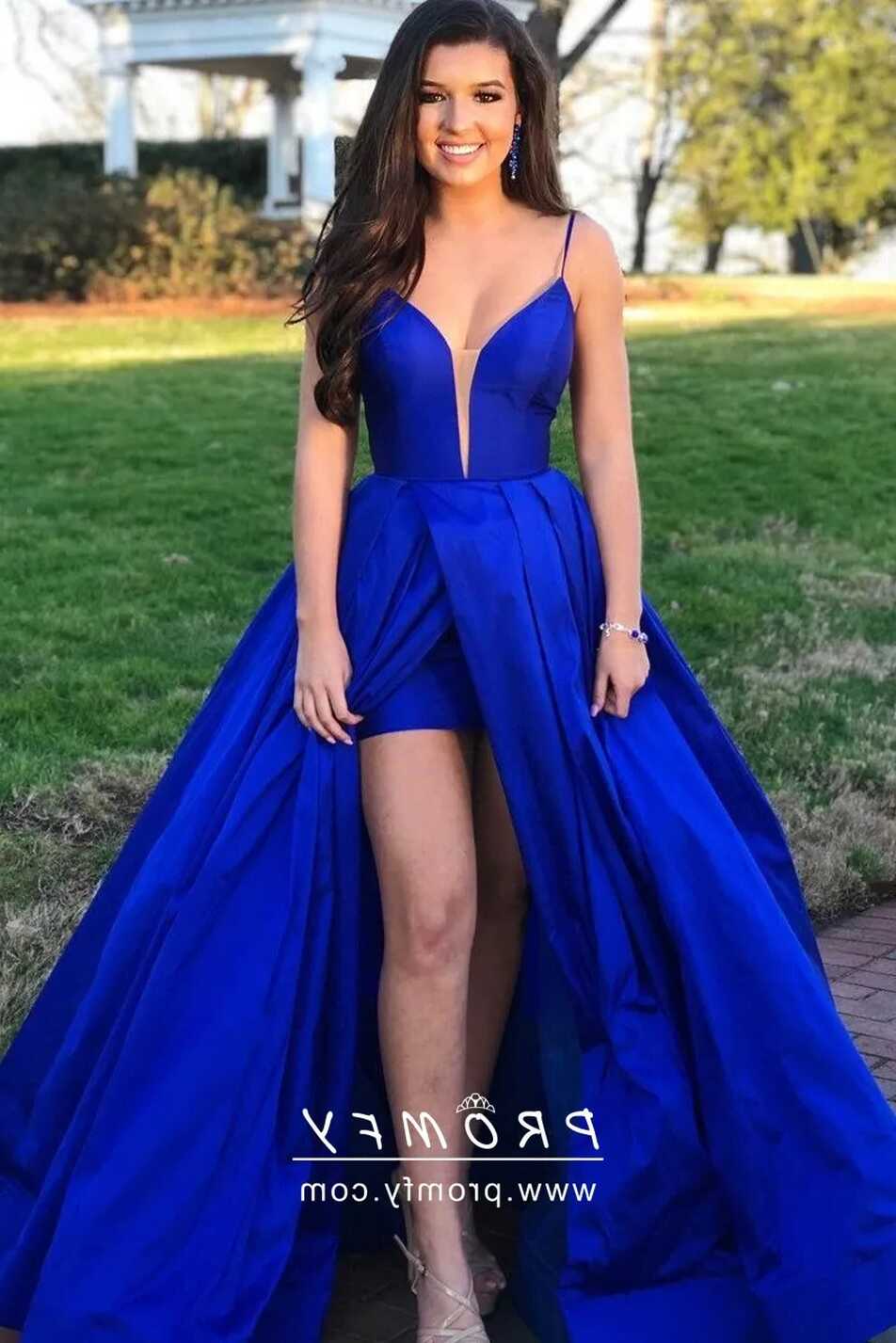 Royal Blue Satin Thigh-high Slit Puffy Prom Dress - Promfy