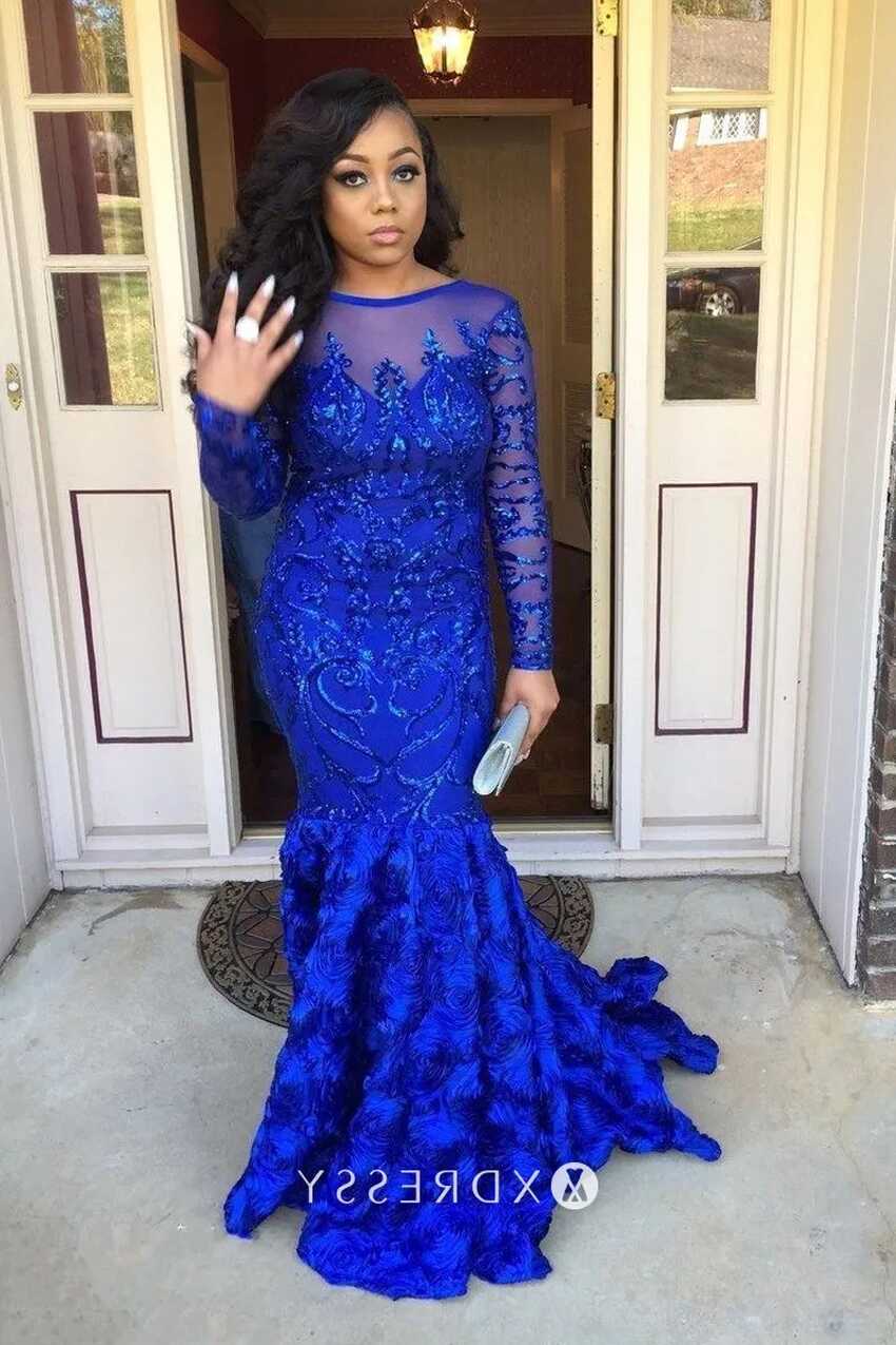 Royal Blue Sequin &amp; 3D Rose Mermaid Prom Dress - Xdressy