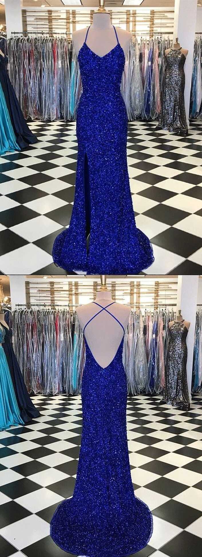 Royal Blue Sequin Long Sexy Sparkly Prom Dress Gown Low Back ...