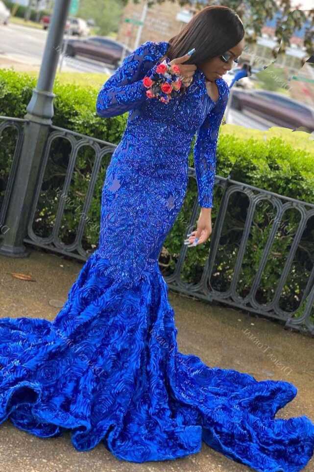 Royal Blue Sequin Sleeved 3D Rose Made to Measure Prom Dress