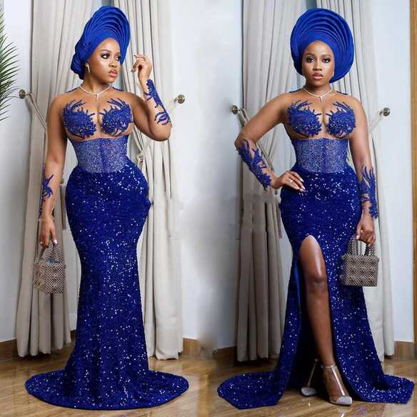 Royal Blue Sequined Evening Dresses Sheer Neck Lace Appliques Long ...