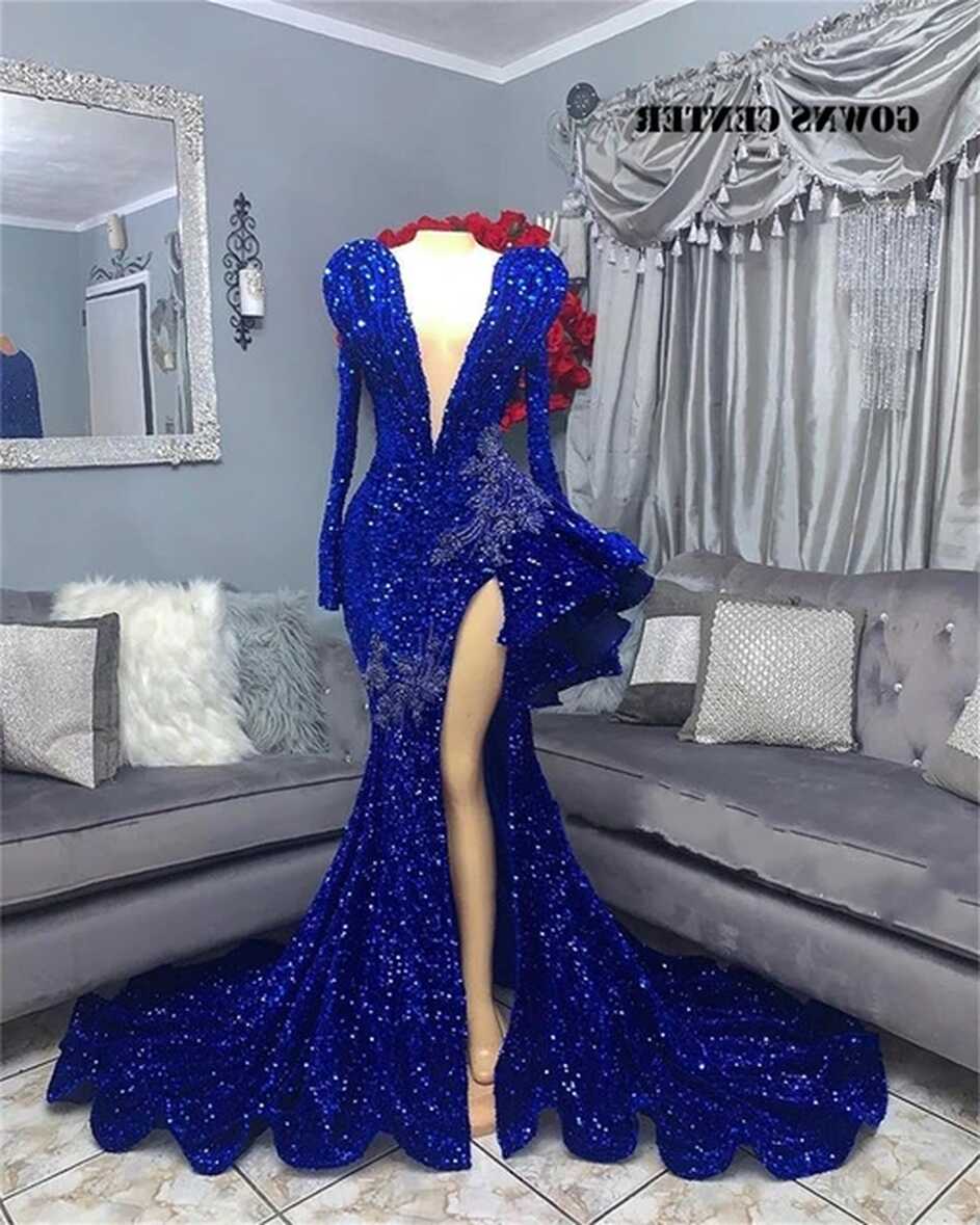 Royal Blue Sequined Prom Dresses 2022 For Black Girls Long Sleeve ...