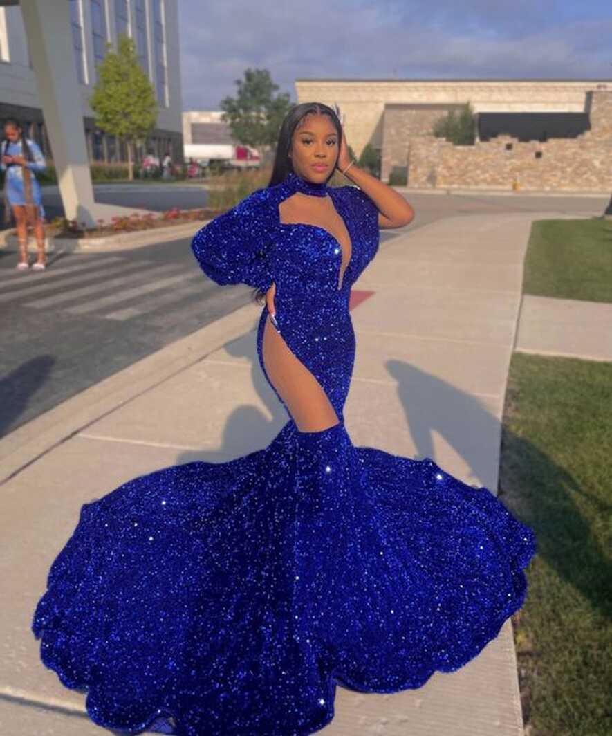 Royal Blue Sequins Prom Dress Mermaid Long Sleeves – Newinlook