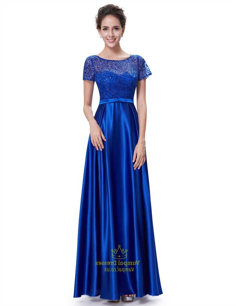 Royal Blue Short Sleeve Long Bridesmaid Dresses With Lace Bodice