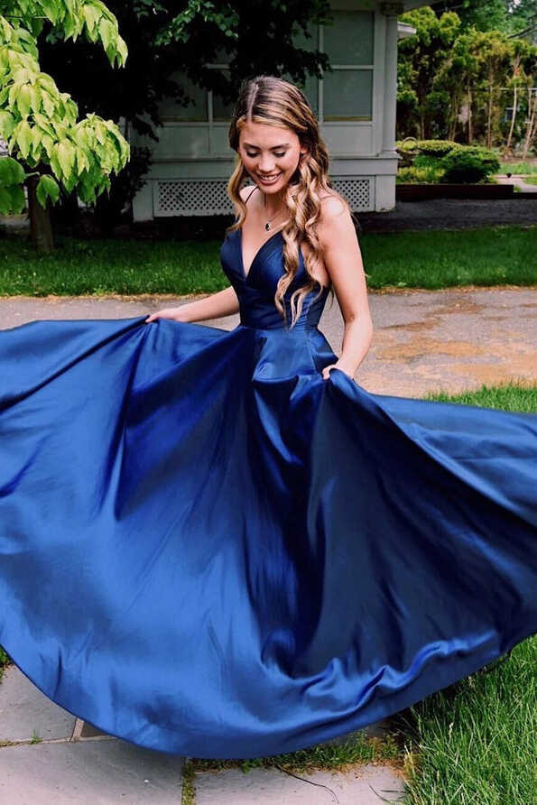 Royal Blue Simple V Neck Satin Prom Dress, A Line Spaghetti Straps ...