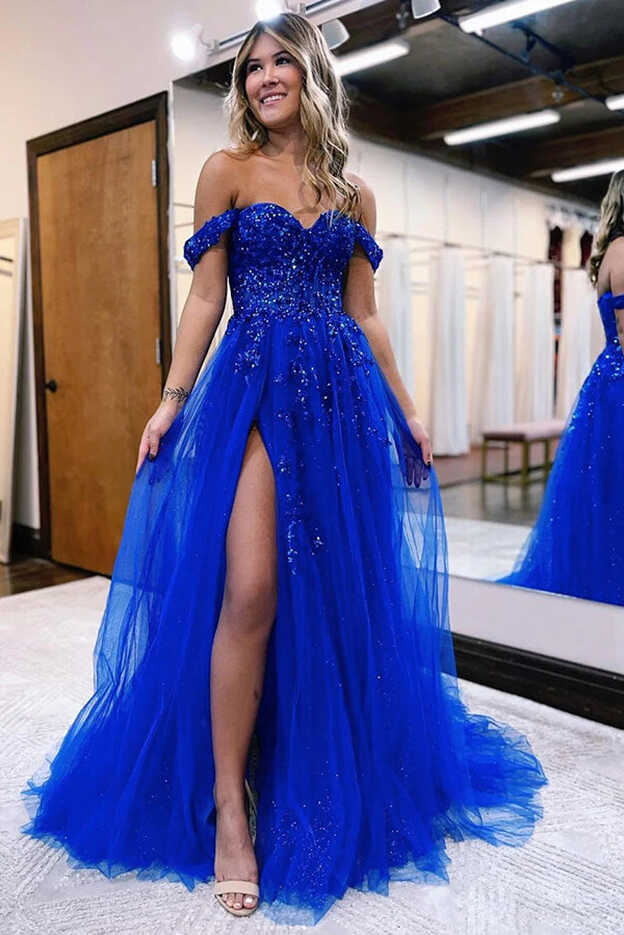 Royal Blue Tulle A-line Off Shoulder Long Prom Dress SP916 | Simidress