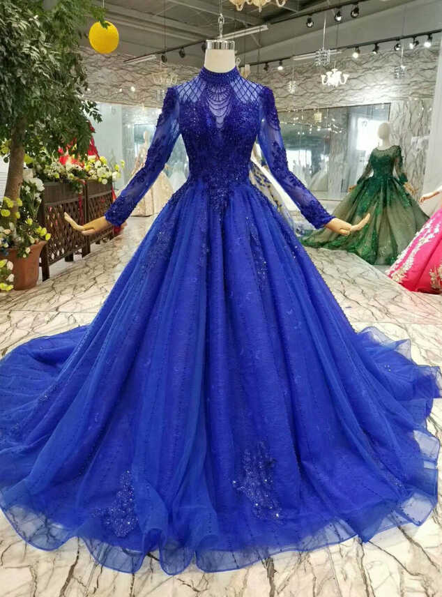 Royal Blue Tulle High Neck Long Sleeve Backless Wedding Dress With ...