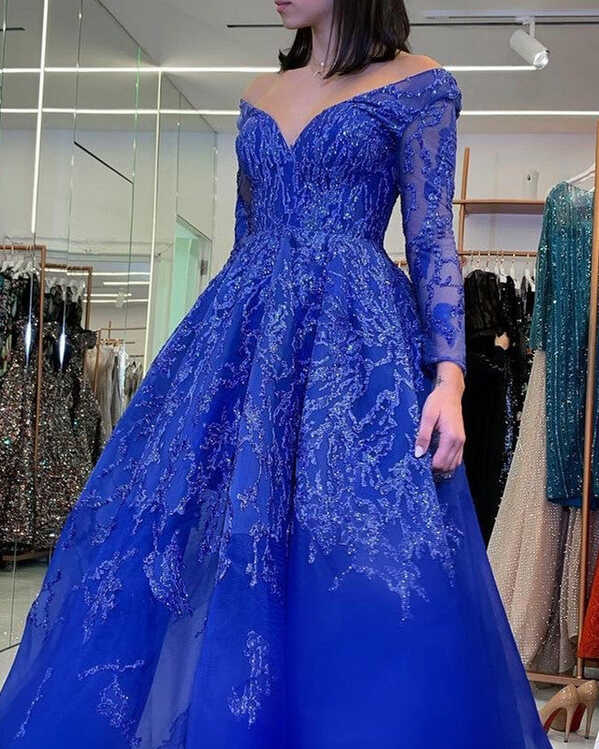 Royal Blue Tulle Prom Dresses Long Sleeves Appliques – Lisposa