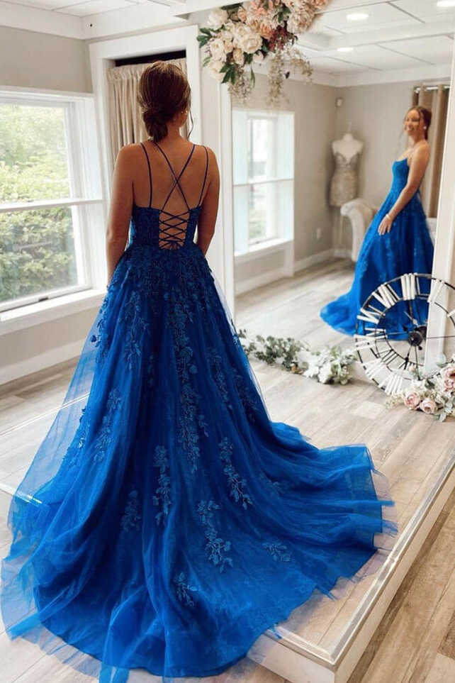 Royal Blue Tulle Prom Dresses With Lace Appliques MP644 | Musebridals