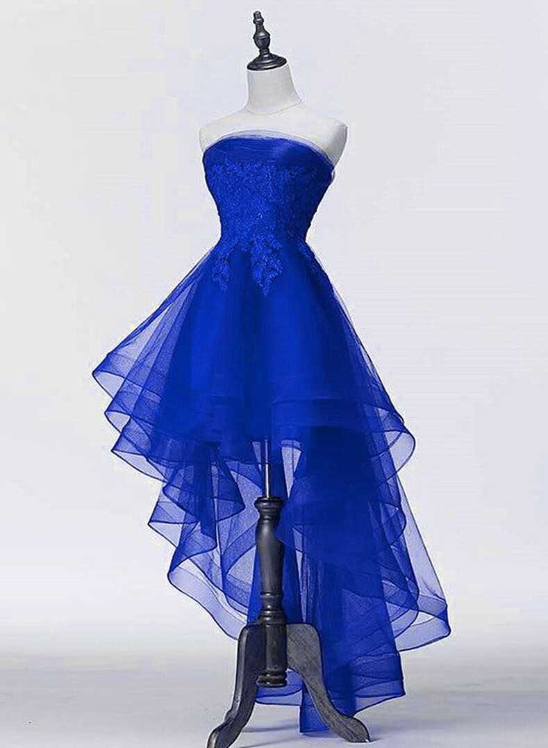 Royal Blue Tulle with Lace Applique High Low Party Dress, Blue ...