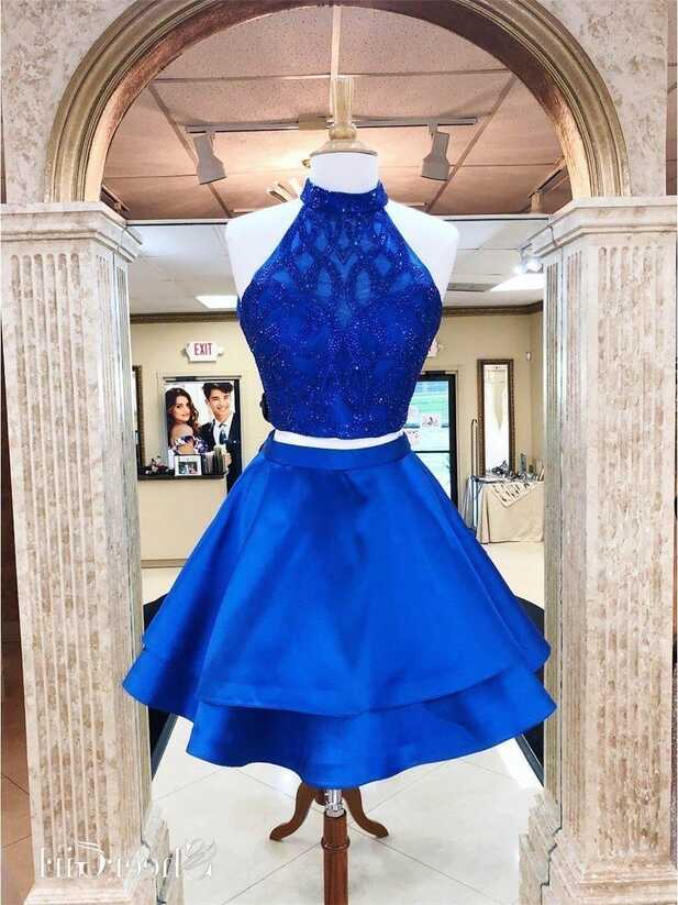 Royal Blue Two Piece Homecoming Dress Open Back Beaded Short Prom ...