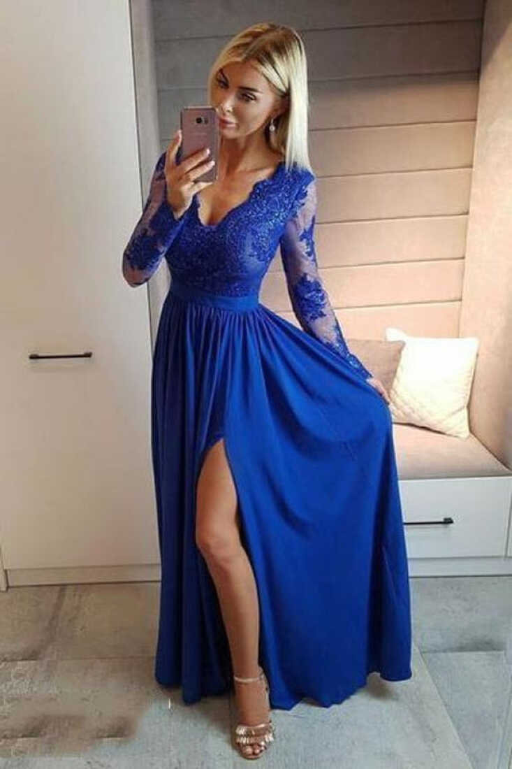 Royal Blue V Neck Purple Long Sleeve Prom Dresses 2021 - Bridelily