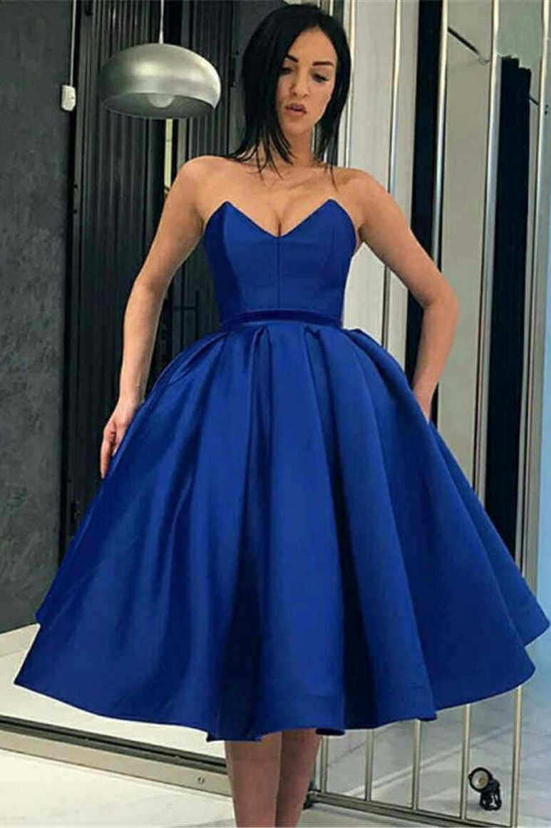 Royal Blue V Neck Satin Strapless Short Pockets Homecoming Dresses ...