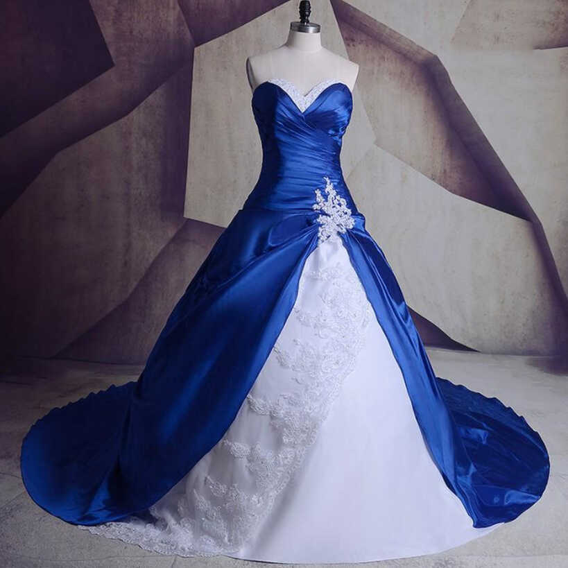 Royal Blue Wedding Dress Satin Sweetheart Vintage Train Country ...