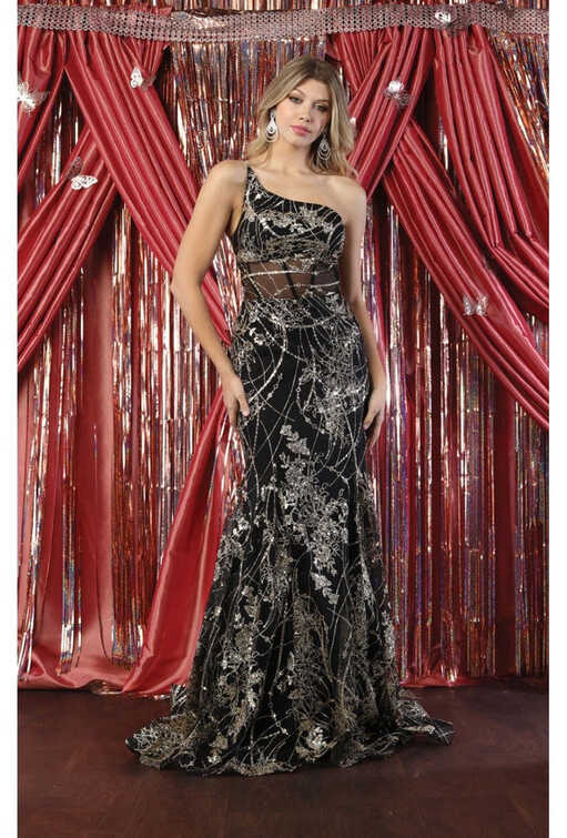 Royal Queen RQ7959 Glitter One Shoulder Black &amp; Gold Formal Prom Gown