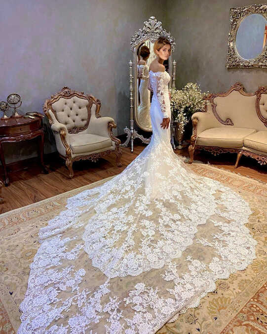 Royal Train Lace Mermaid Wedding Dresses Long Sleeves Off The ...