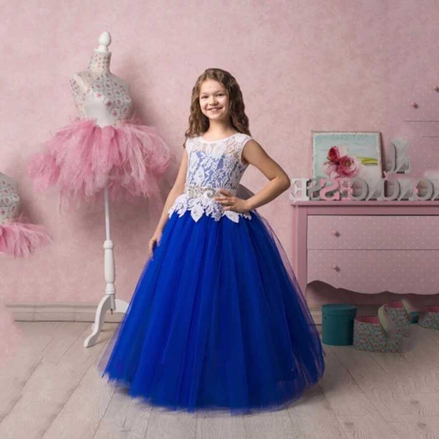 Royal blue Flower Girl Dress Kids Pageant White lace applique Prom ...