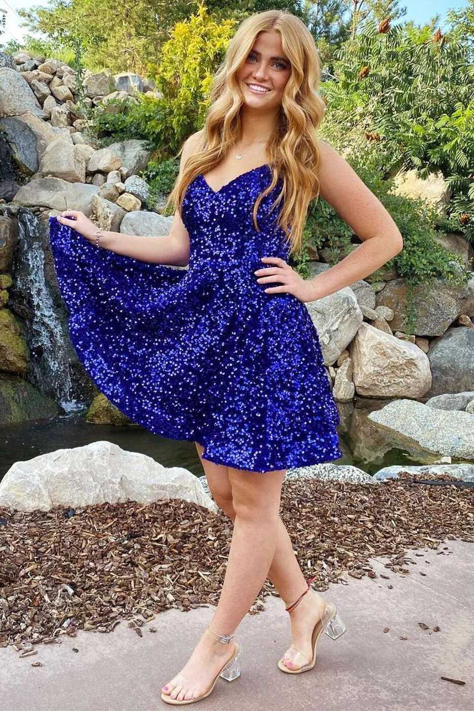 Royal blue Sequins Classic Short Juniors Homecoming Dress