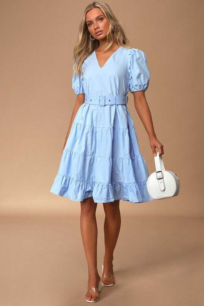 Ruby Light Blue Puff Sleeve Belted Tiered Midi Dress