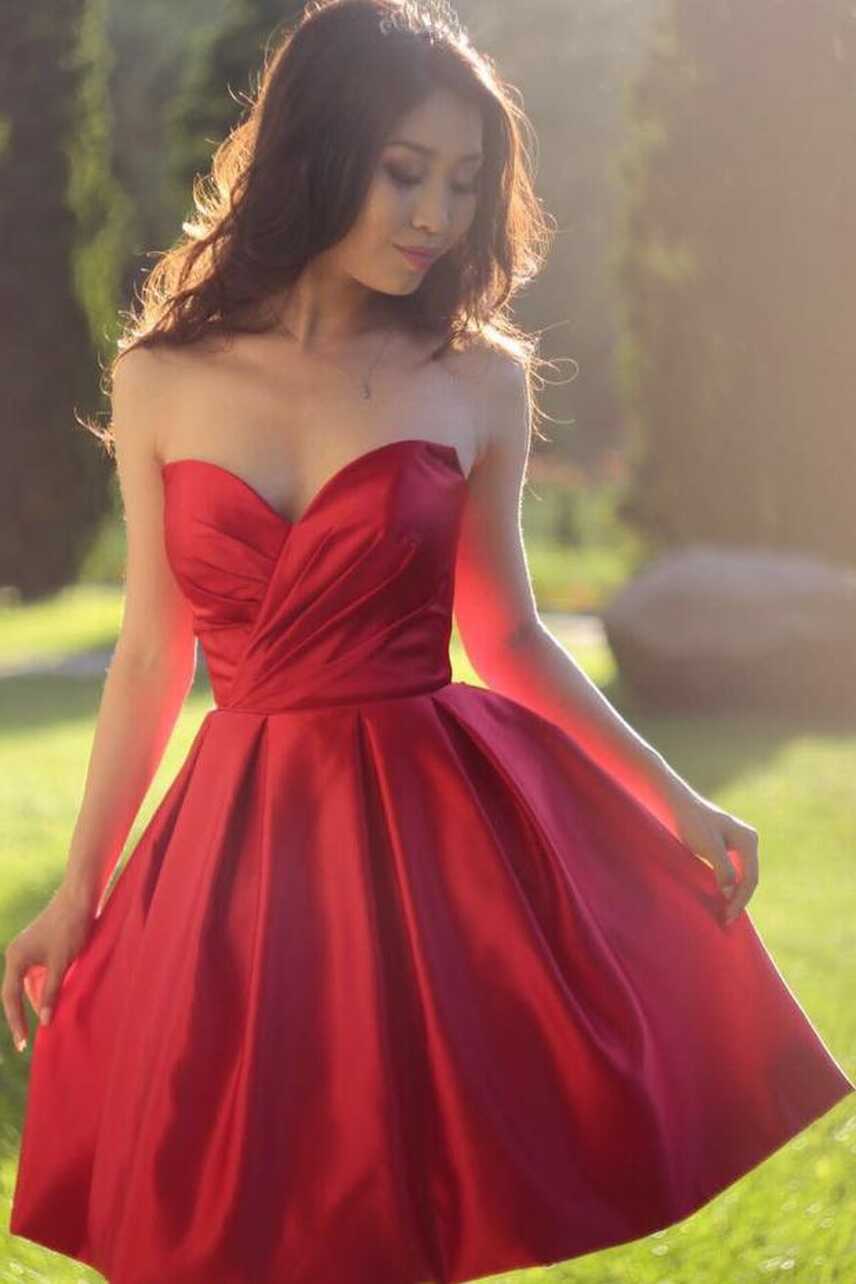 Ruched Sweetheart A-line Satin Red Short Bridesmaid Dress ...