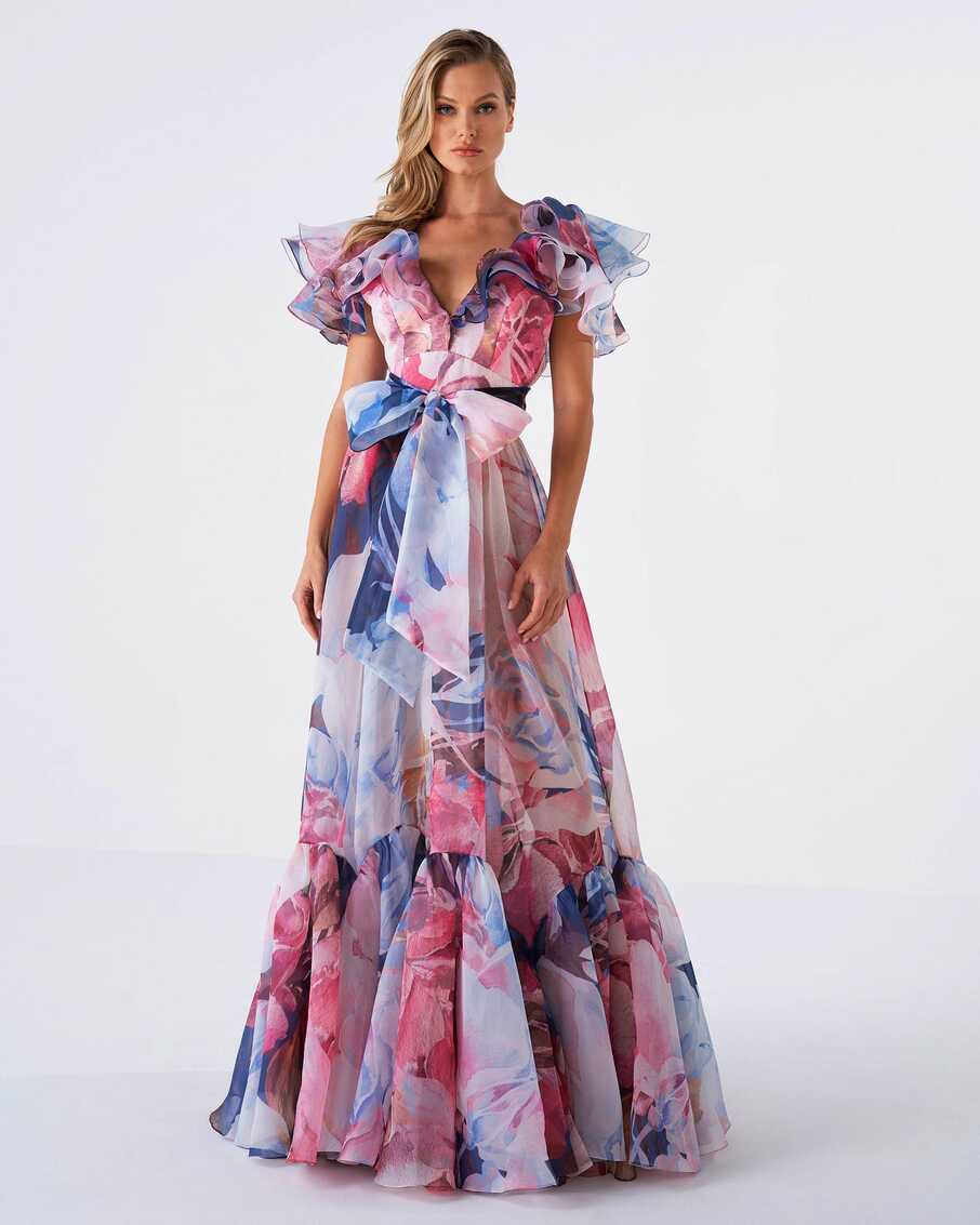 Ruffle- Sleeve Floral-Print Dress - Michael Cinco