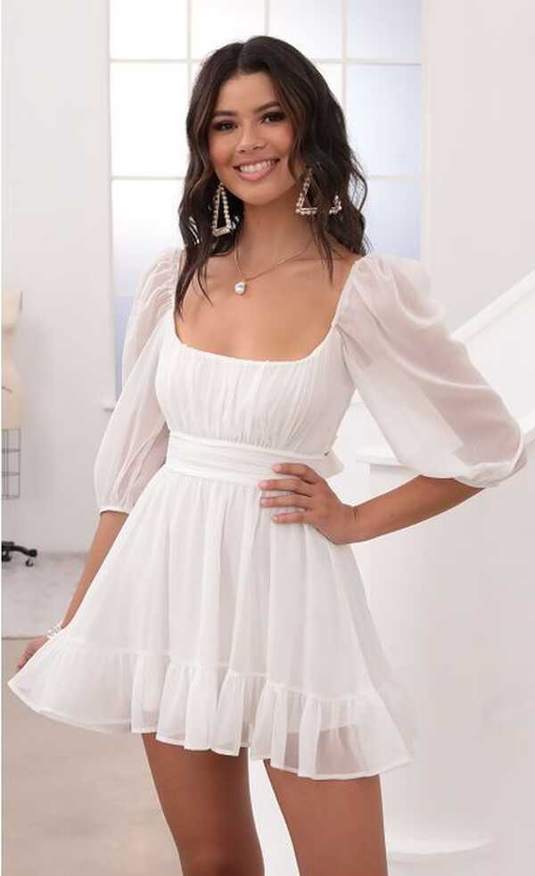 Ruffle Dress in White Sparkly Chiffon