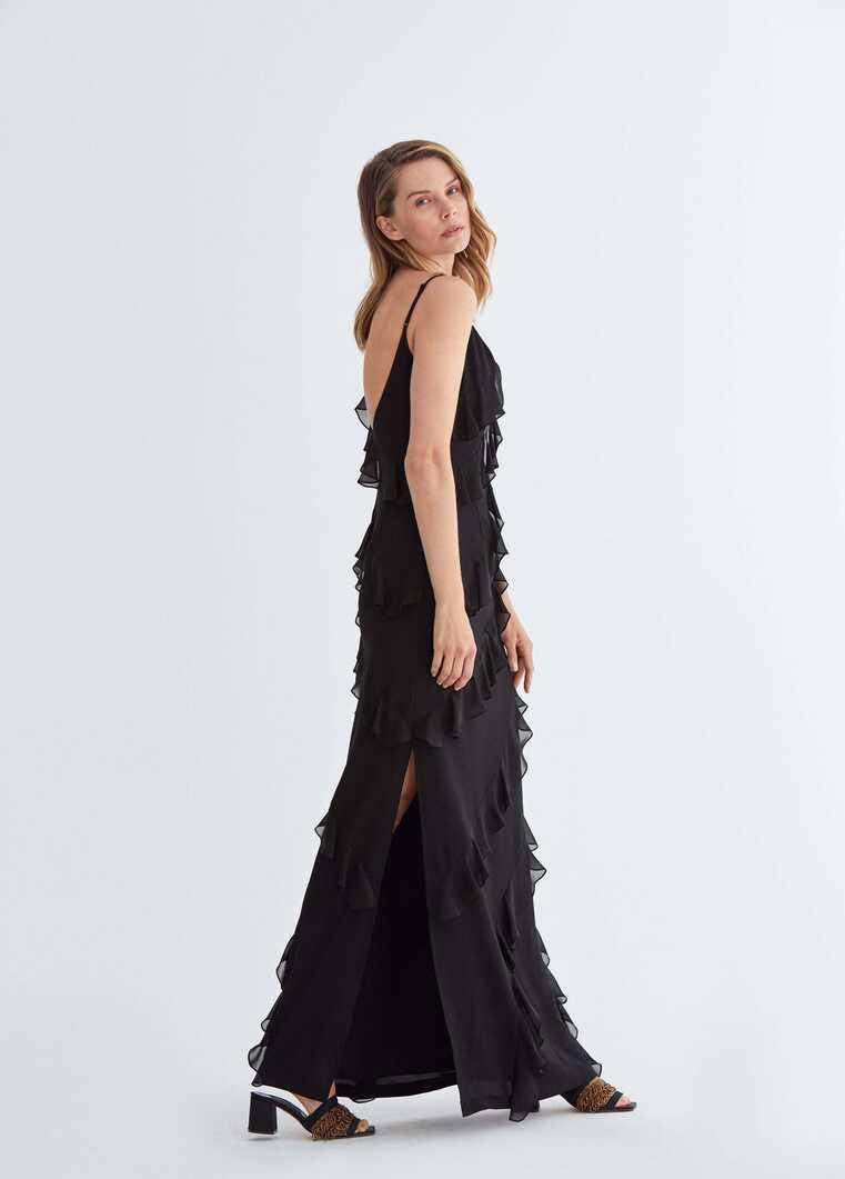 Ruffle Trim Sheath Black Evening Gown