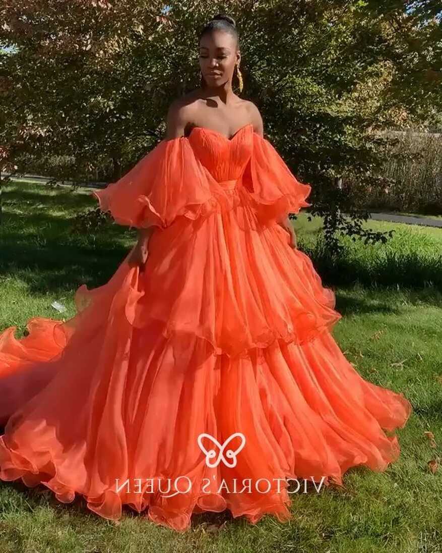 Ruffled Puffy Orange Layered Unusual Long Prom Dress