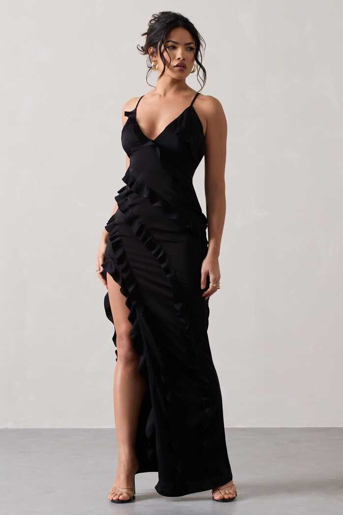 Run The World Black Sweetheart Neckline Ruffle Maxi Dress – Club L ...