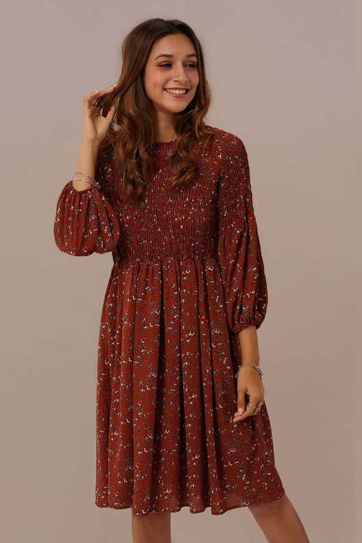 Rust 3/4 Length Sleeve Knee Length Floral Dress | Floral dress ...