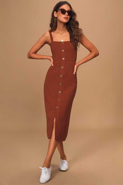 Rust Red Midi Dress - Button Front Dress - Sleeveless Midi Dress ...