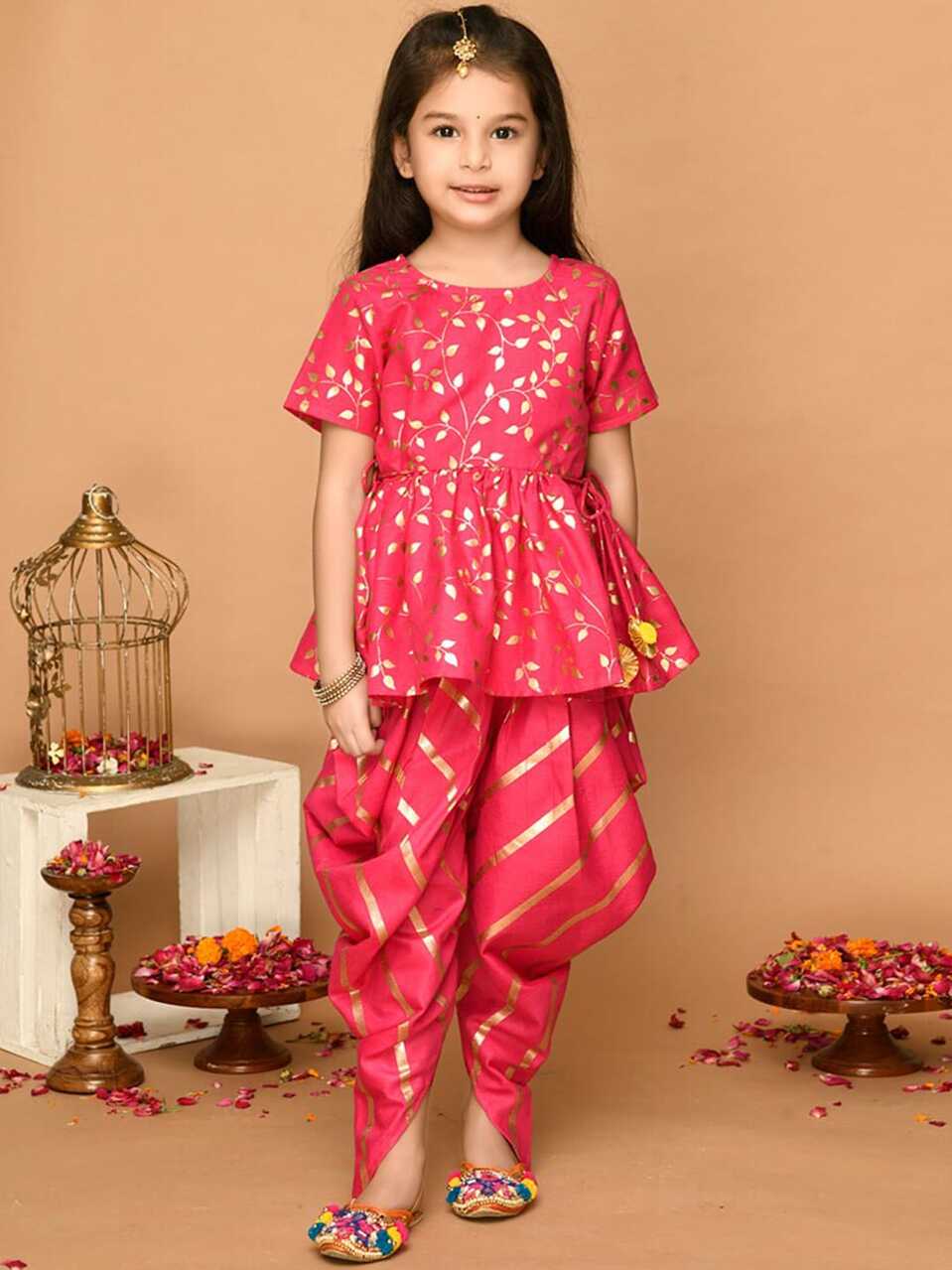 SAKA DESIGNS Girls Fuchsia Floral Printed Pleated Kurti with Dhoti ...