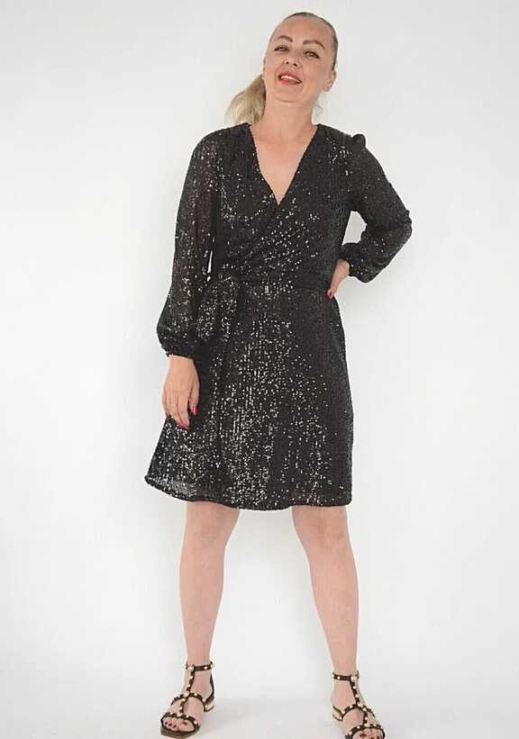 SALE&quot; Ex New Look Black Sequin Wrap Long Sleeve Belted Lined Party ...