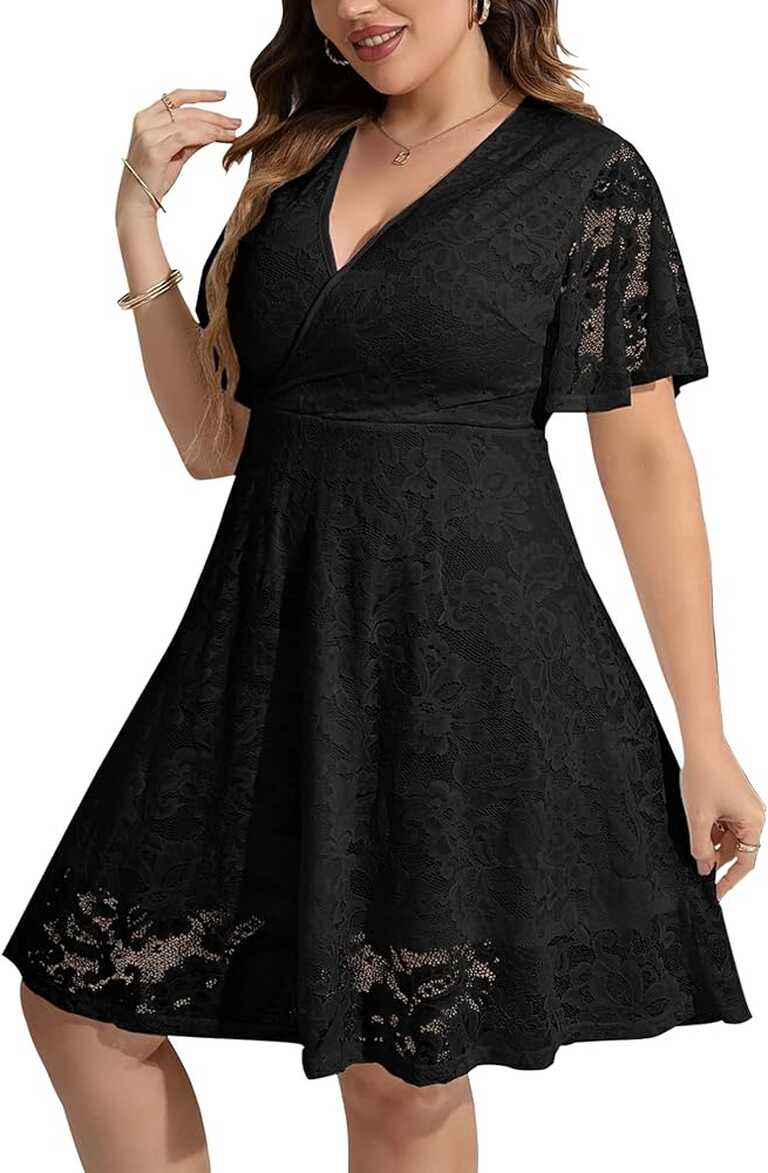 SCOMCHIC Women Plus Size Lace Cocktail Dresses Summer Wrap V Neck ...