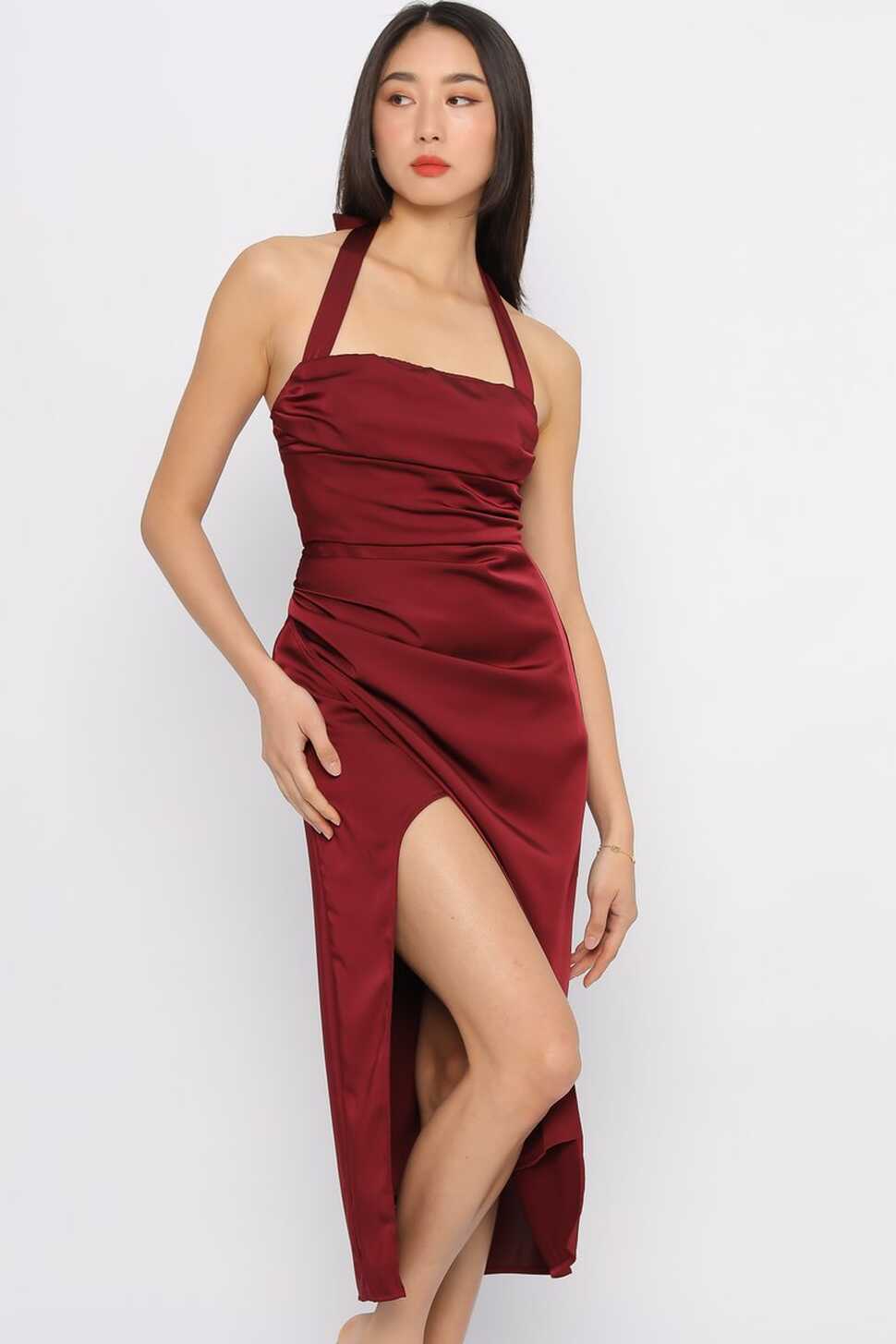 SELENE SATIN HALTER DRESS (WINE RED) | SuperGurl