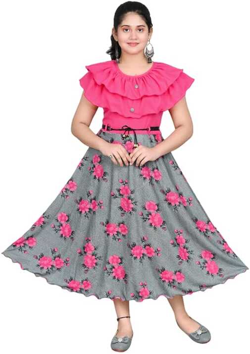 SFC Fashion Cotton Casual Printed Midi Frock Dress for Girls (Pink ...