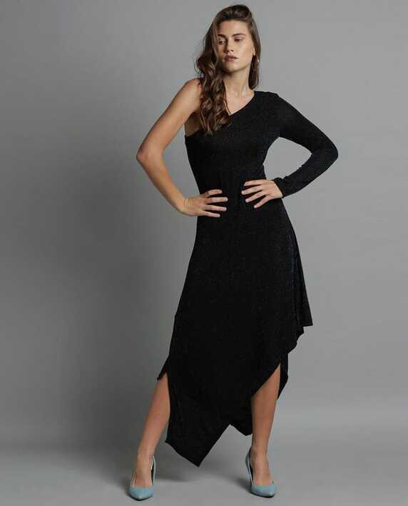 SHADOW-OFF SHOULDER DRESS-BLACK