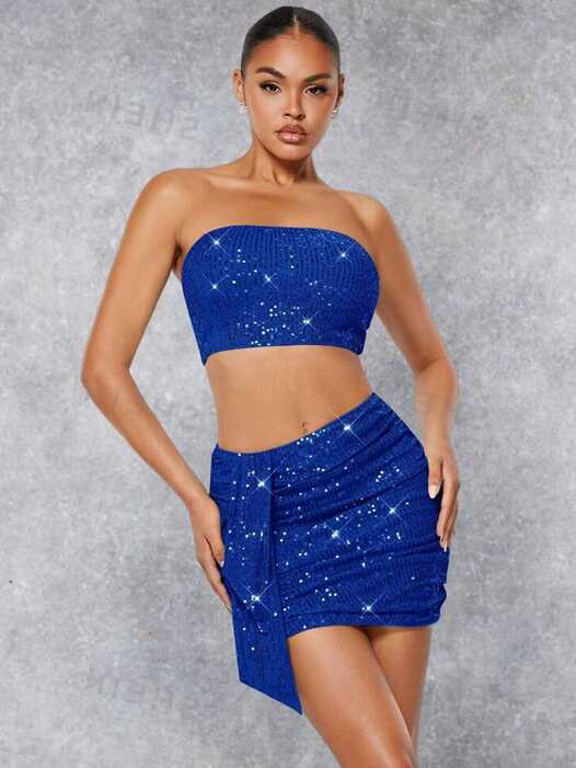 SHEIN BAE Ladies&#39; Blue Sequined Two Piece Set Including Skirt ...