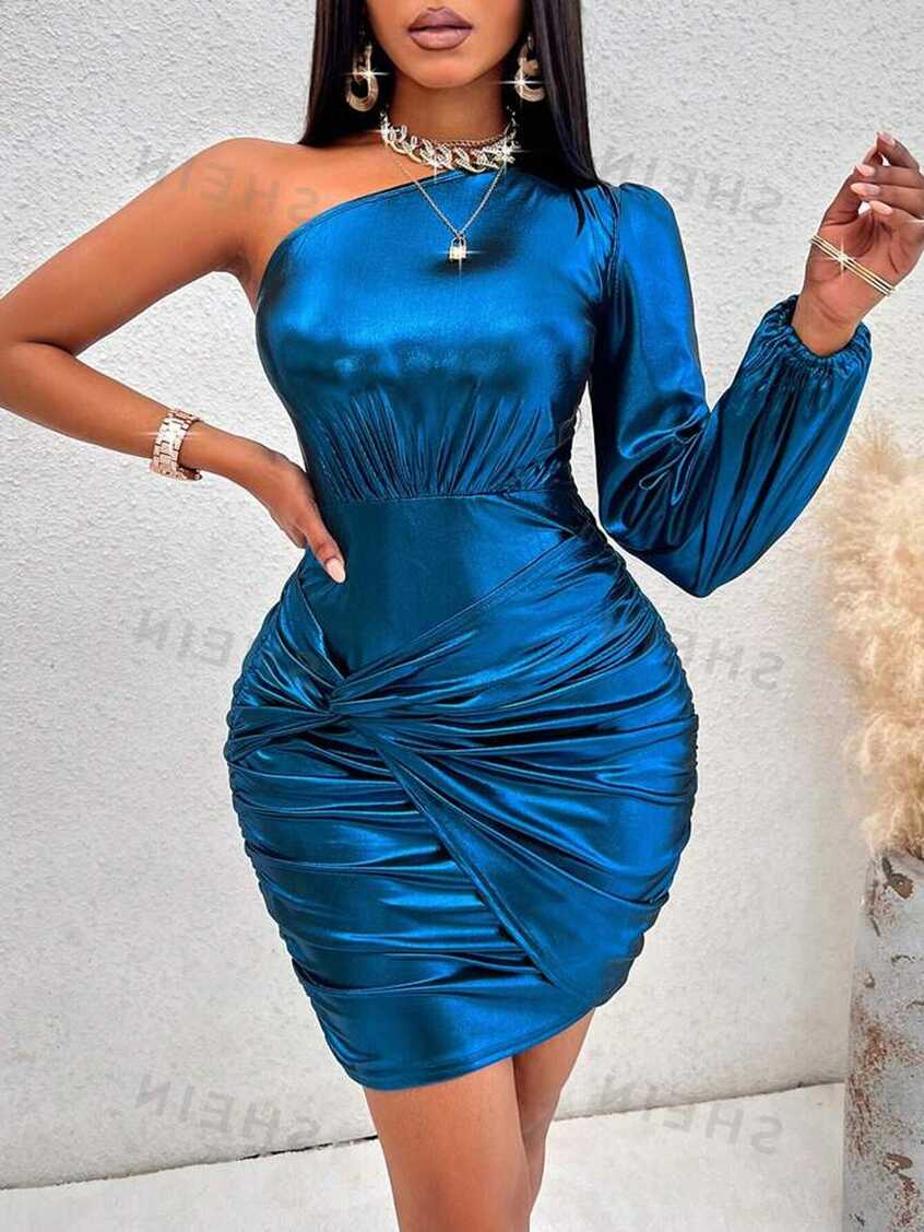 SHEIN BAE One Shoulder Twist Front Ruched Satin Bodycon Dress ...