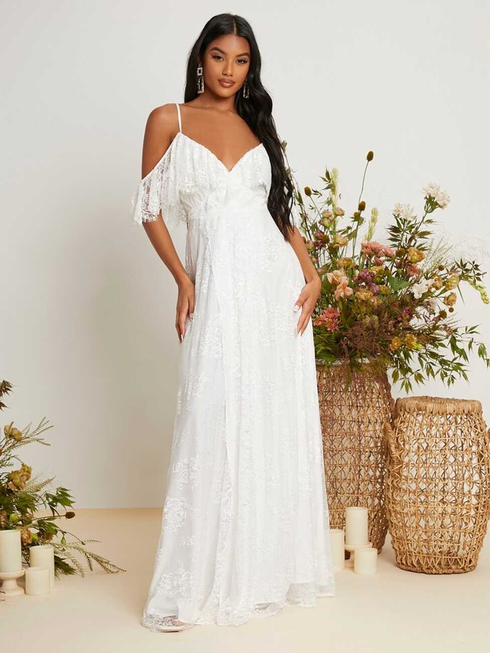 SHEIN Belle Cold Shoulder Eyelash Lace Wedding Dress | SHEIN USA