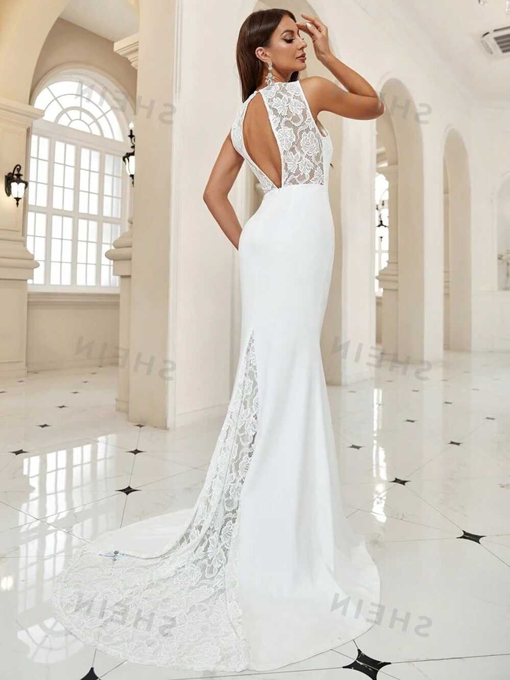 SHEIN Belle Contrast Lace Cut Out Backless Floor Length Wedding ...