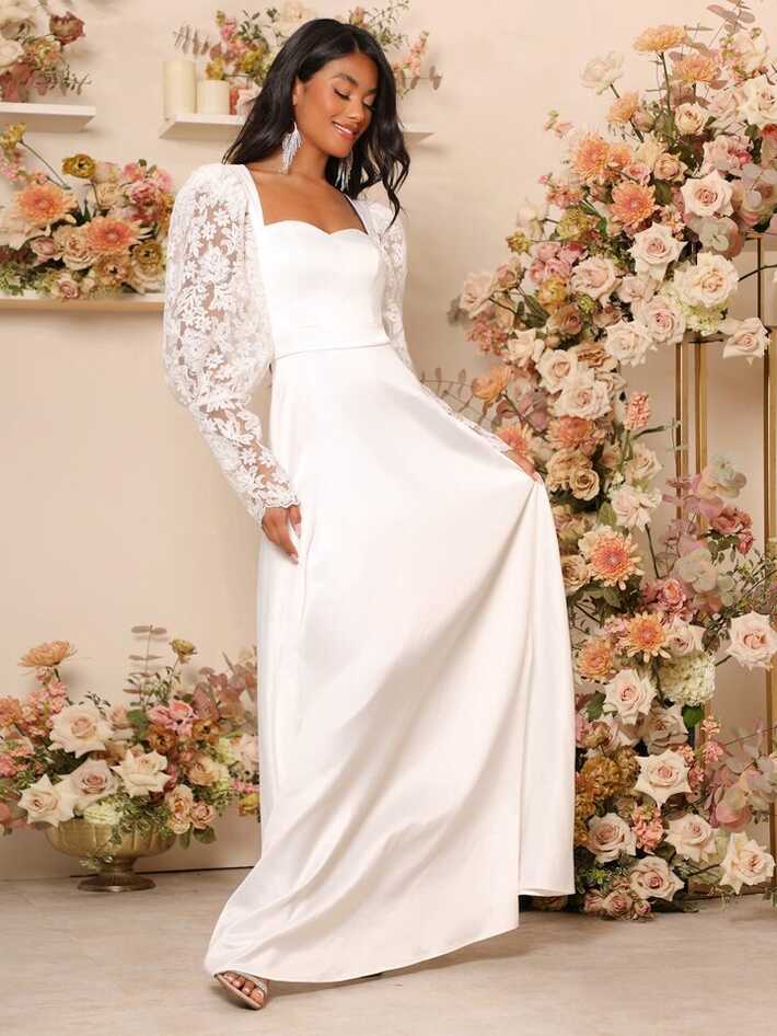 SHEIN Belle Contrast Lace Gigot Sleeve Wedding Dress | SHEIN USA