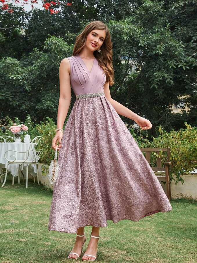 SHEIN Belle Jacquard Plicated Detail Bridesmaid Dress Without Belt ...