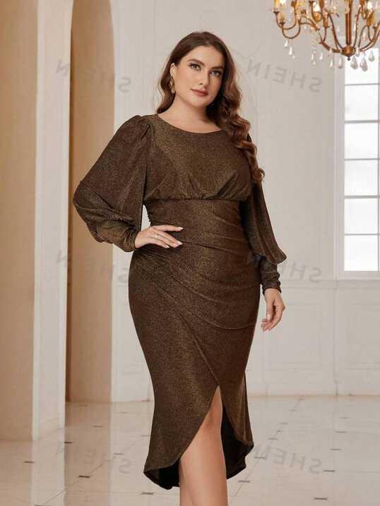 SHEIN Belle Long Sleeve Party Dress,, Lantern Sleeve, Bubble Hem ...