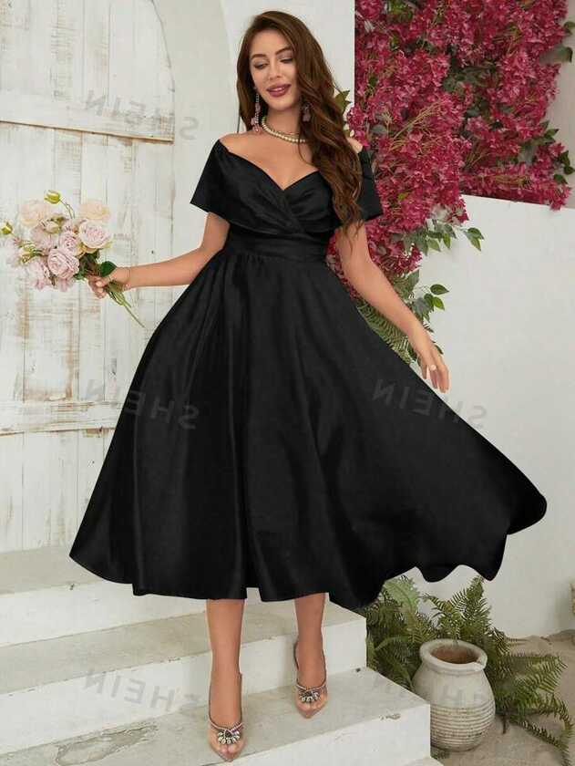 SHEIN Belle Off-Shoulder Elegant Wrapped Formal Dress, Semi Formal ...