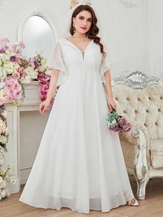 SHEIN Belle Plus Contrast Lace Butterfly Sleeve Wedding Dress ...