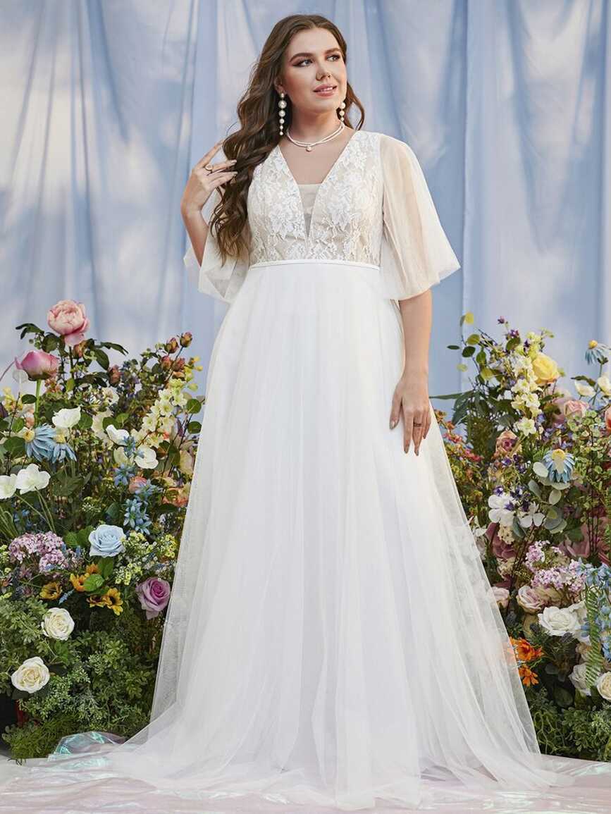 SHEIN Belle Plus Contrast Lace Flutter Sleeve Mesh Wedding Dress ...