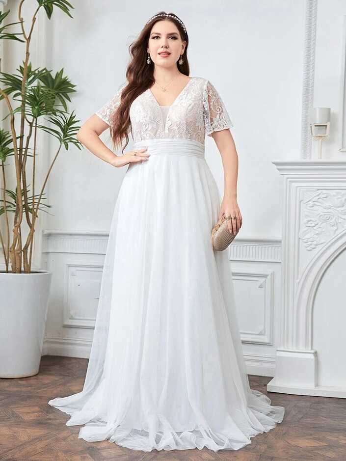 SHEIN Belle Plus Lace Panel Ruched Mesh Floor Length Wedding Dress ...