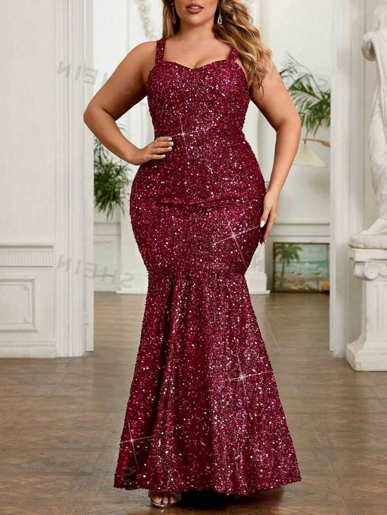 SHEIN Belle Plus Size Elegant Burgundy Evening Dress With ...