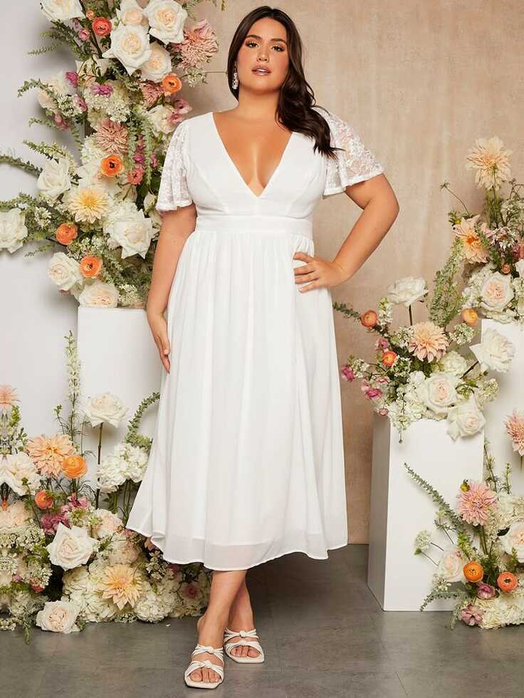 SHEIN Belle Plus Size Floral Lace Butterfly Sleeve Wedding Dress ...